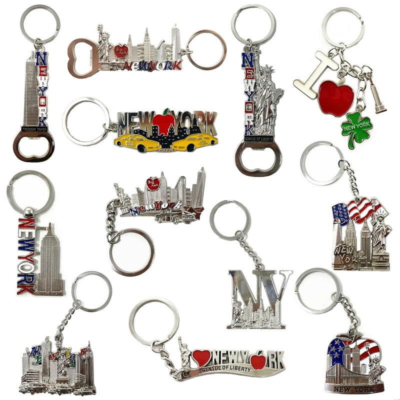 TSY TOOL 12 Pack Silver NYC Souvenir Collection New York Metal Keychain Ring Bundle Bulk Includes Empire State, Freedom Tower, Statue Of Liberty, USA Flag,NY Cab, Apple, 3 Pc Bottle Opener too And More - Image 1